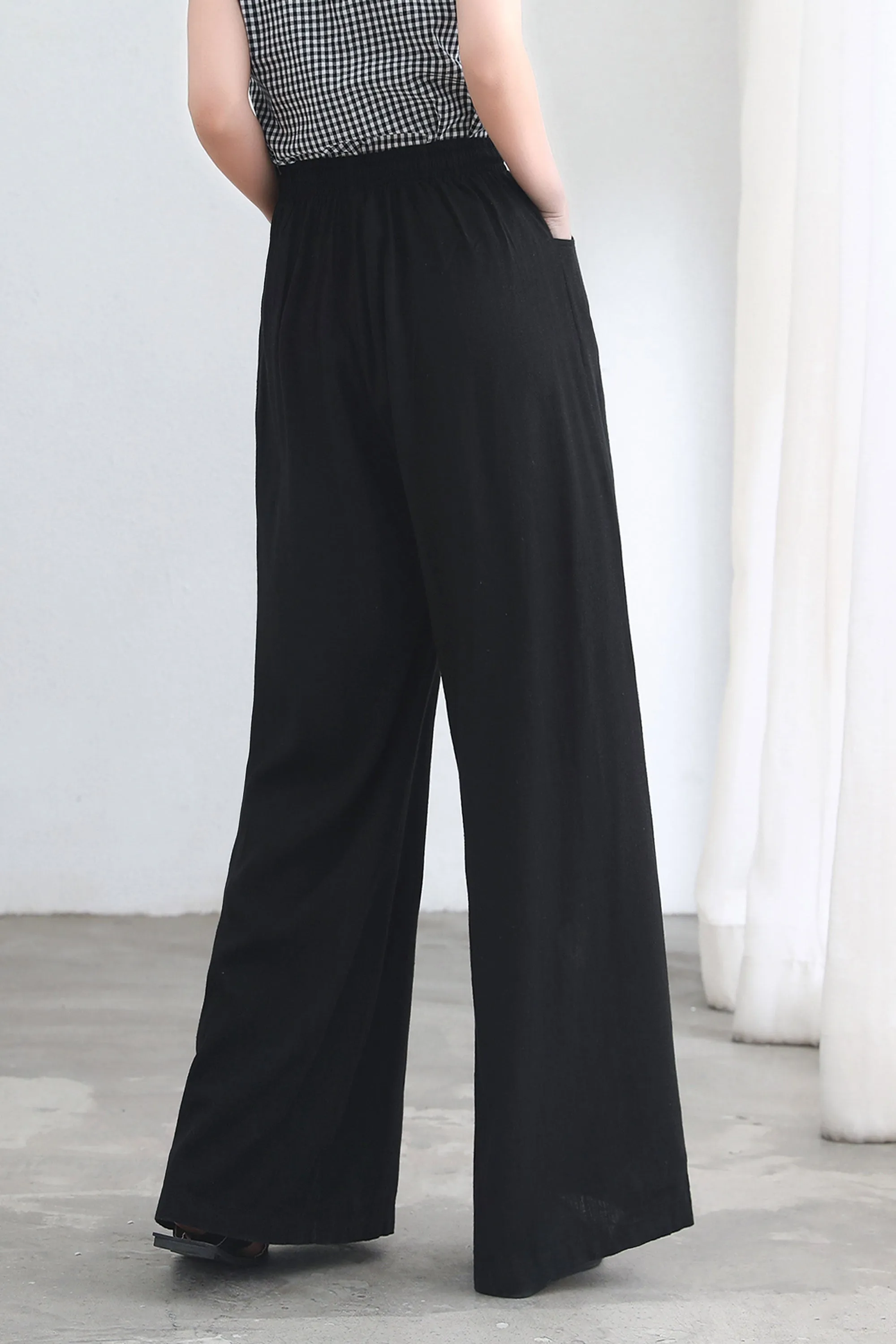 Black Causal Palazzo Linen Pants for Women C2686