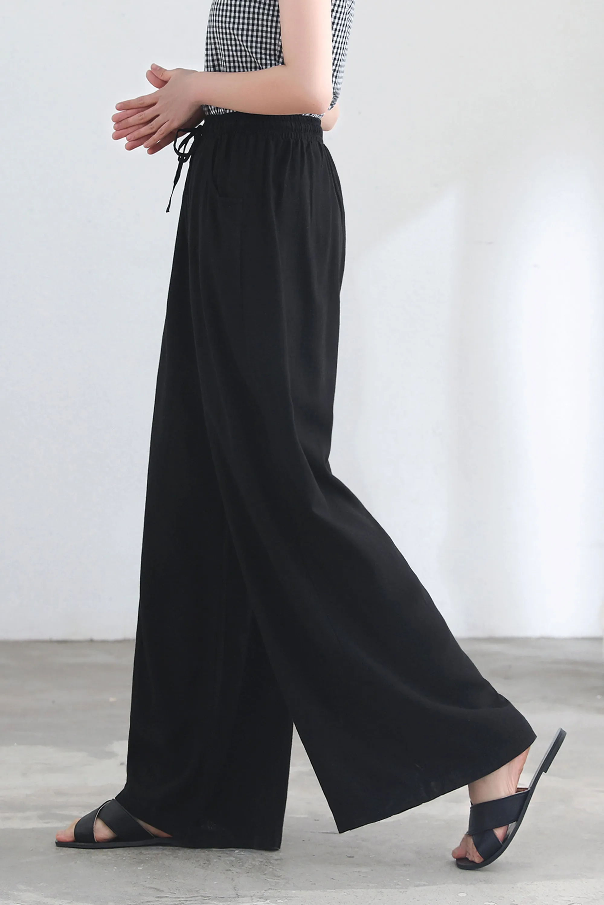 Black Causal Palazzo Linen Pants for Women C2686