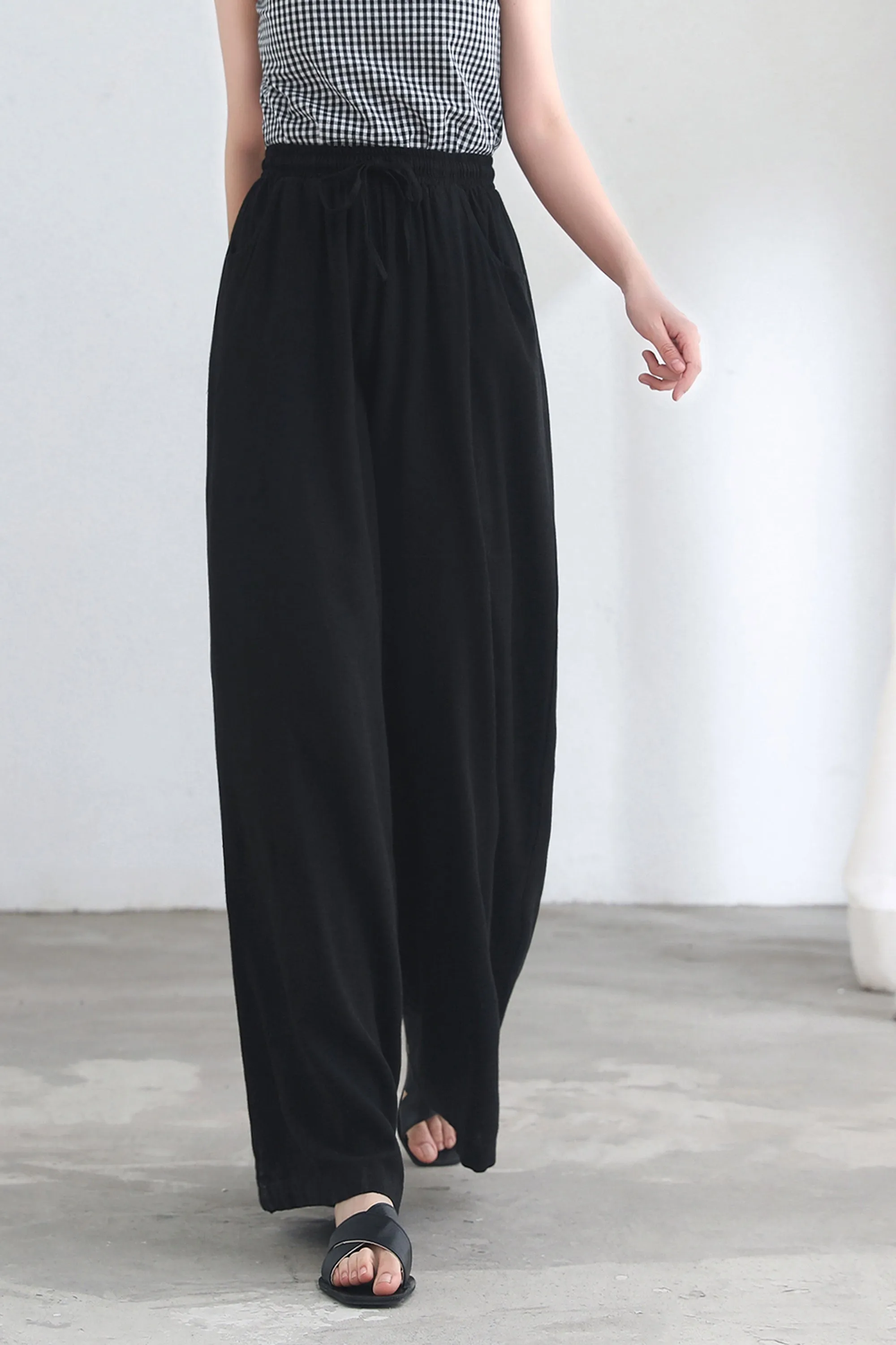 Black Causal Palazzo Linen Pants for Women C2686