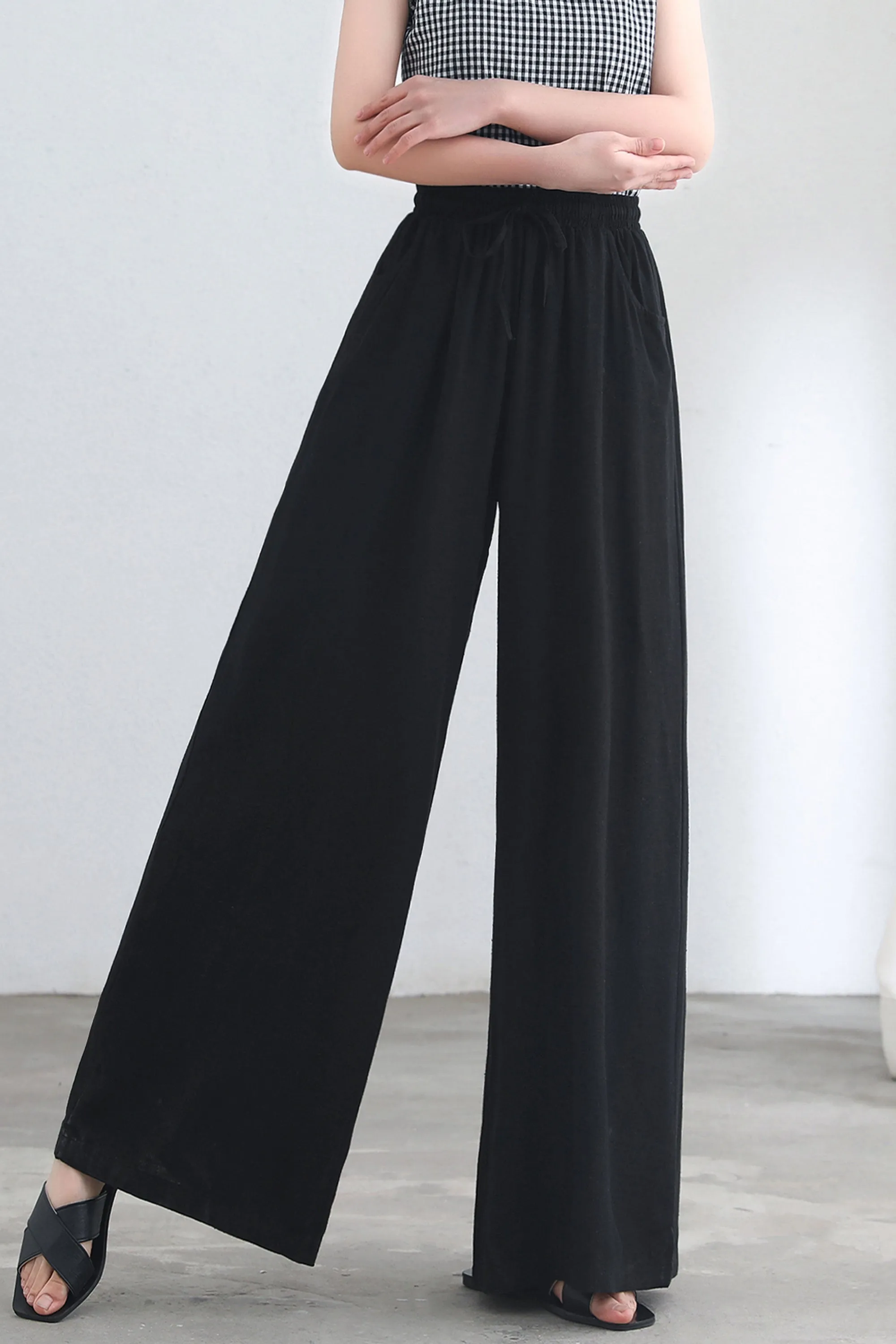 Black Causal Palazzo Linen Pants for Women C2686