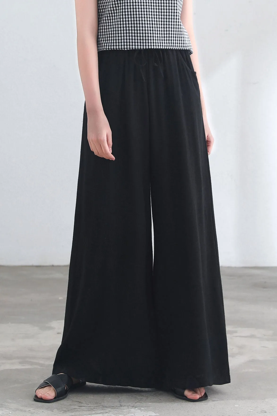 Black Causal Palazzo Linen Pants for Women C2686