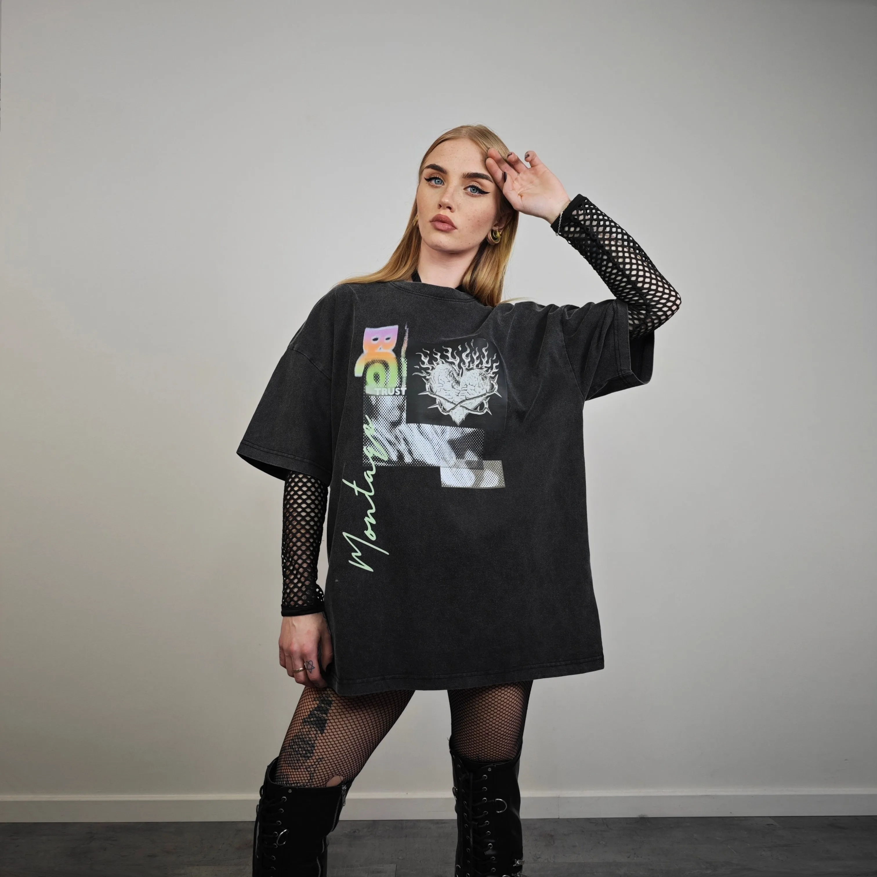 Graffiti heart t-shirt flame print tee cyberpunk top in grey