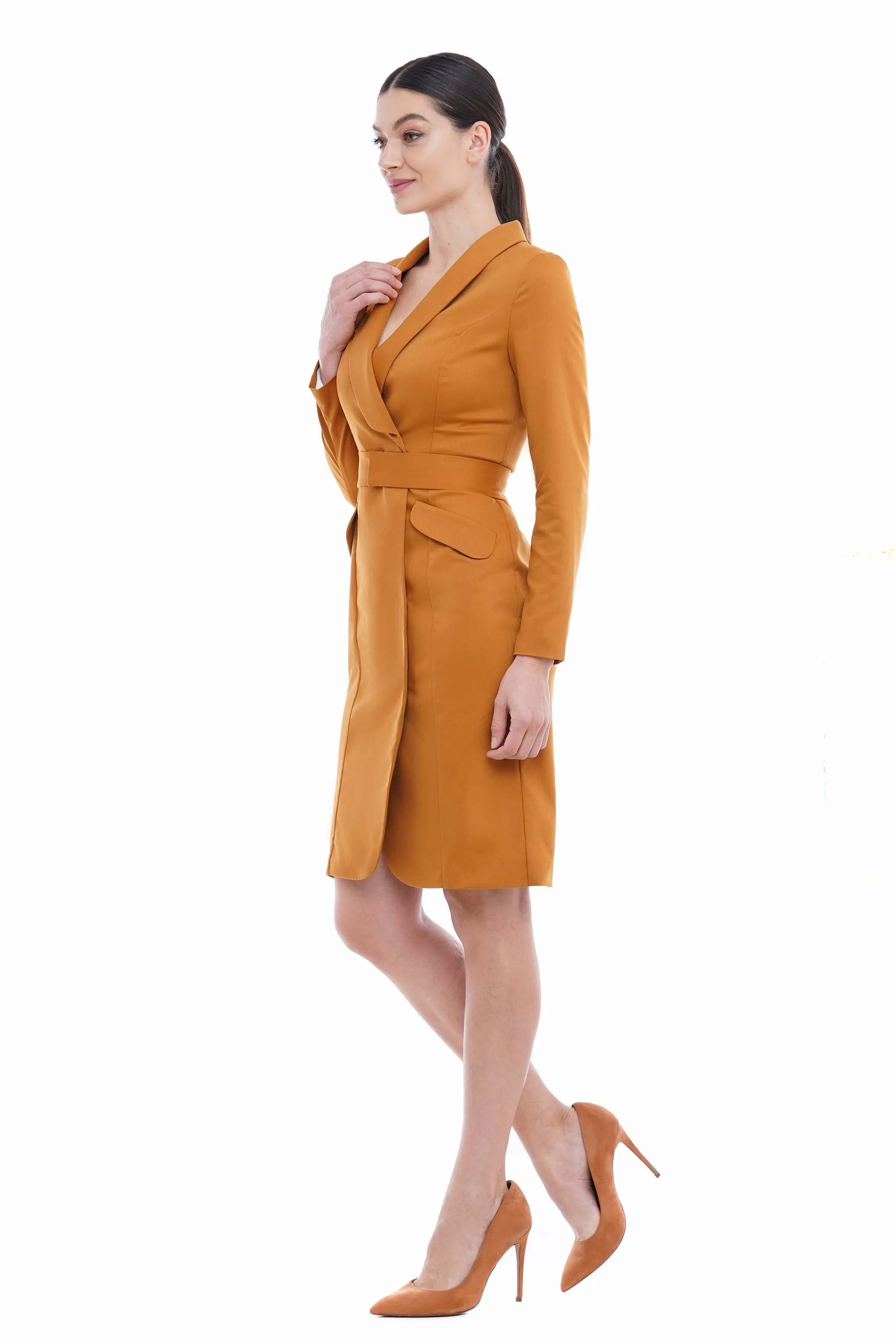 Mustard shawl collar blazer dress