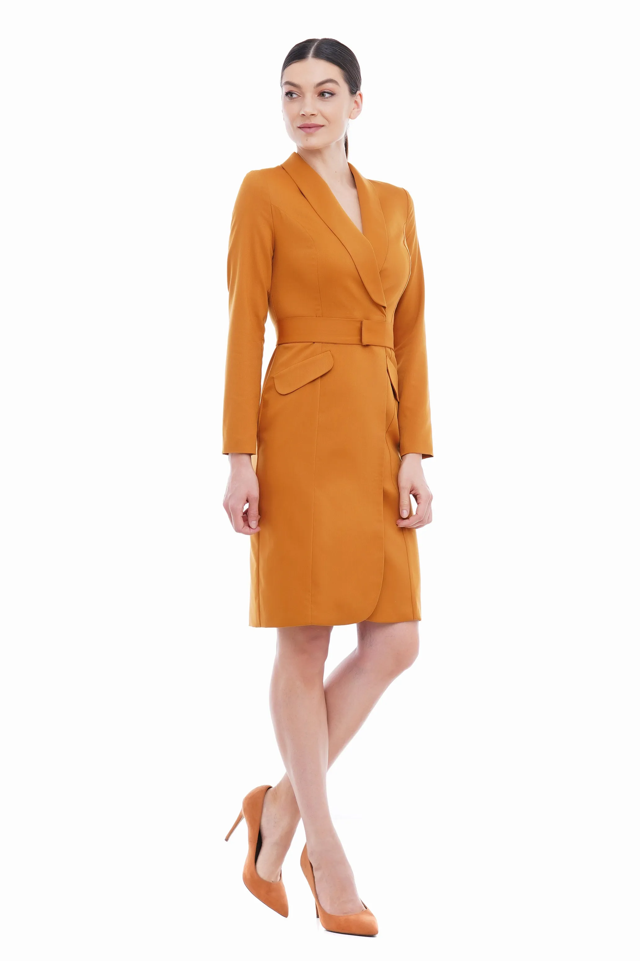 Mustard shawl collar blazer dress