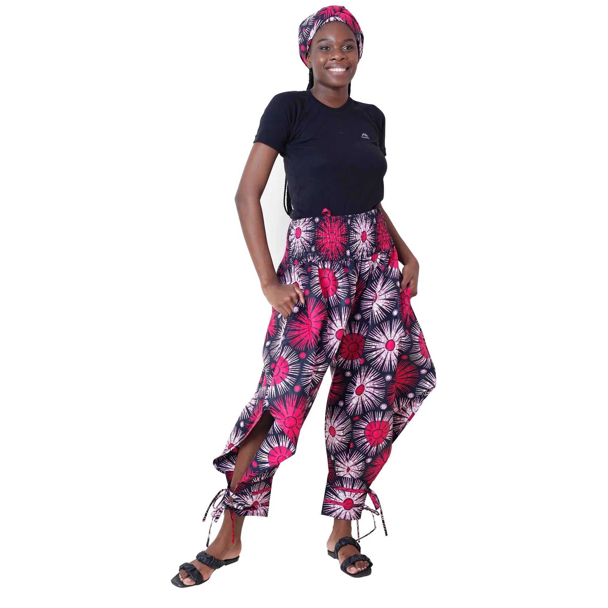Women's High Waisted Printed Baggy Pants With Tie - FI-140